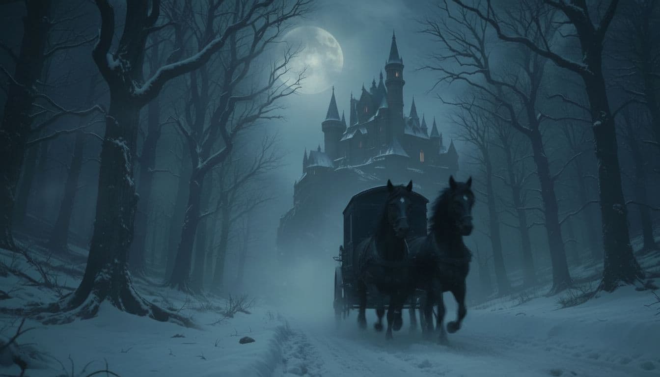AI generated: A night scene featuring a carriage pulled by two black horses rushing forward, full moon illuminatin...