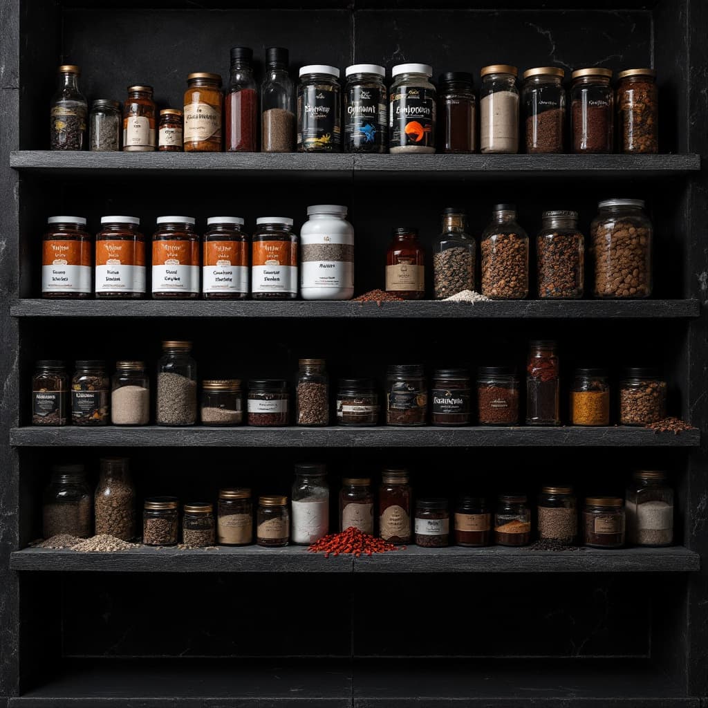 AI generated: Darker photography of shelves with different supplements salt pepper spices