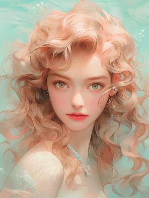AI generated: Hyper-realistic, French beauty face underwater with sparkling bubbles, medium length wavy golden hai...