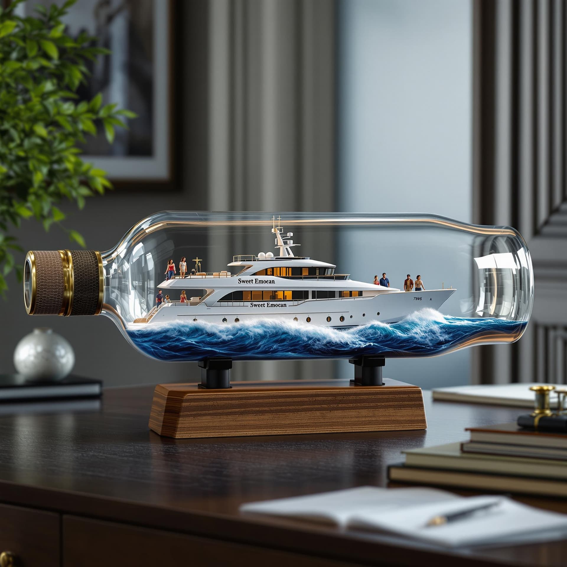 AI generated: A realistic ship in a bottle, featuring a 2005 76-foot Lazzarra luxury super yacht scene. The yacht ...
