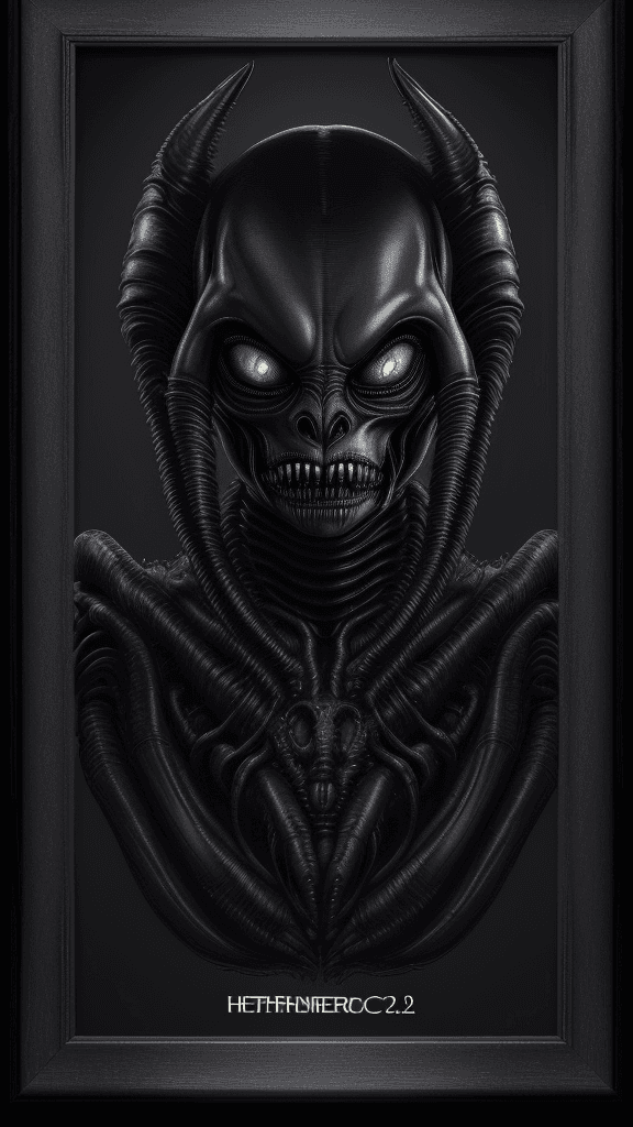AI generated: "Nightmare-inducing Xenomorph RFKTR-style headshot framed((club card)):2.2 featuring H.R. Giger's ma...