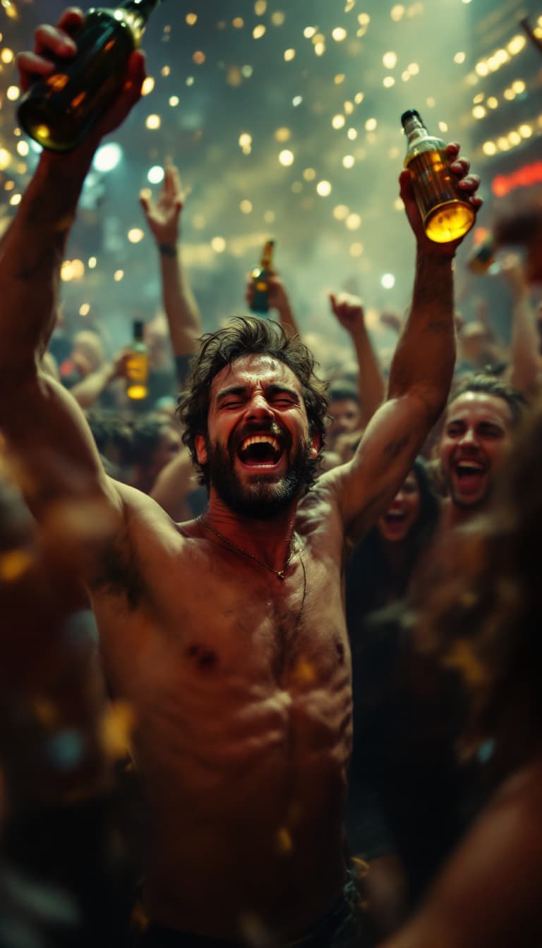 AI generated: 
A wide shot of a group of men dancing energetically with bottles of alcohol in their hands. The men...