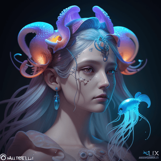 AI generated: Goddess close-up portrait ribcagel. jellyfish phoenix head, nautilus, orchid, skull, betta fish, bio...