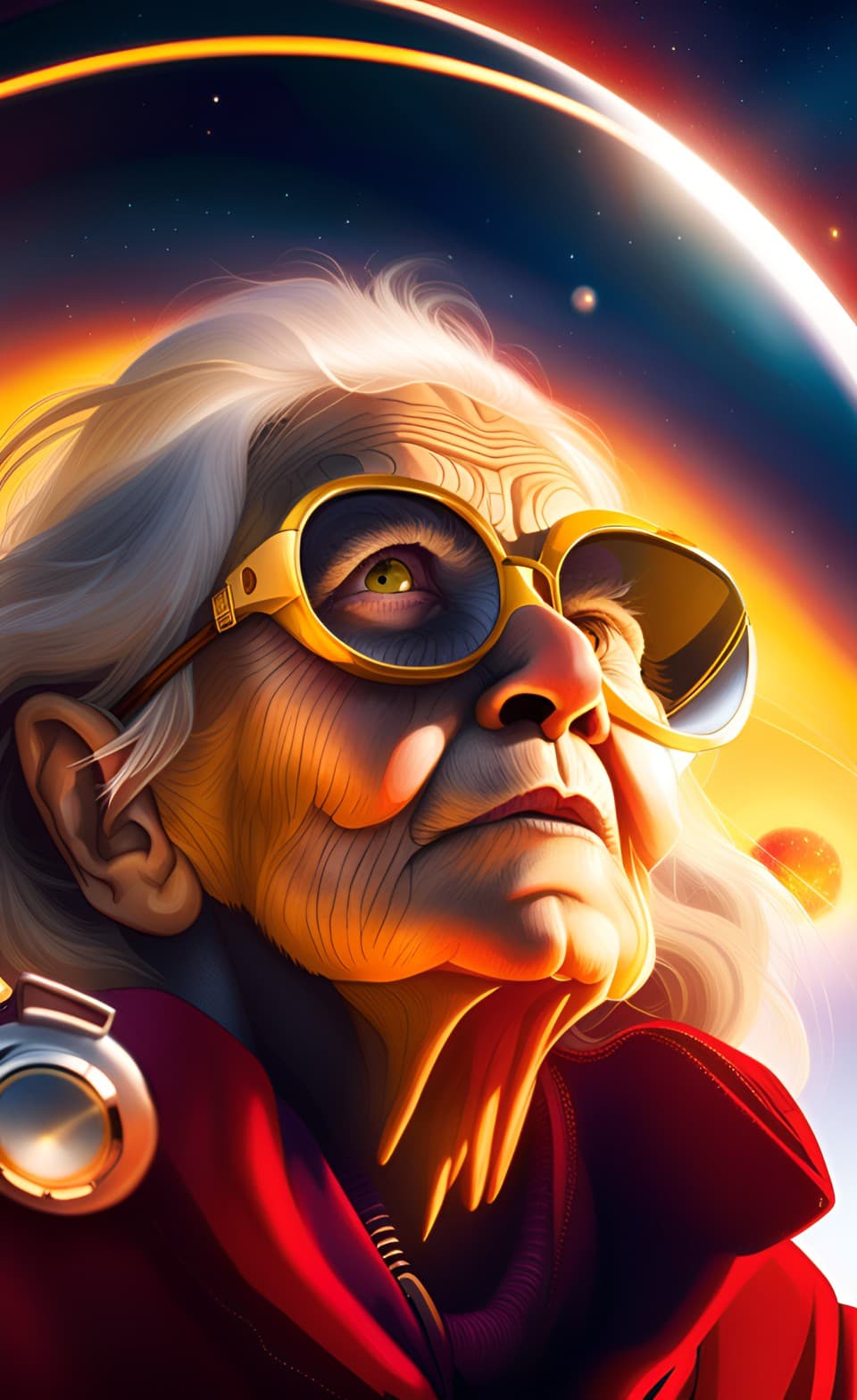 AI generated: A poster of an old Psychedelic space traveler, wearing fashionable eyewear, making their journey thr...