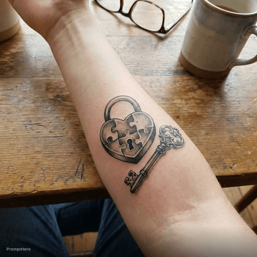 AI generated: A heart lock made of puzzle pieces with intricate key beside it