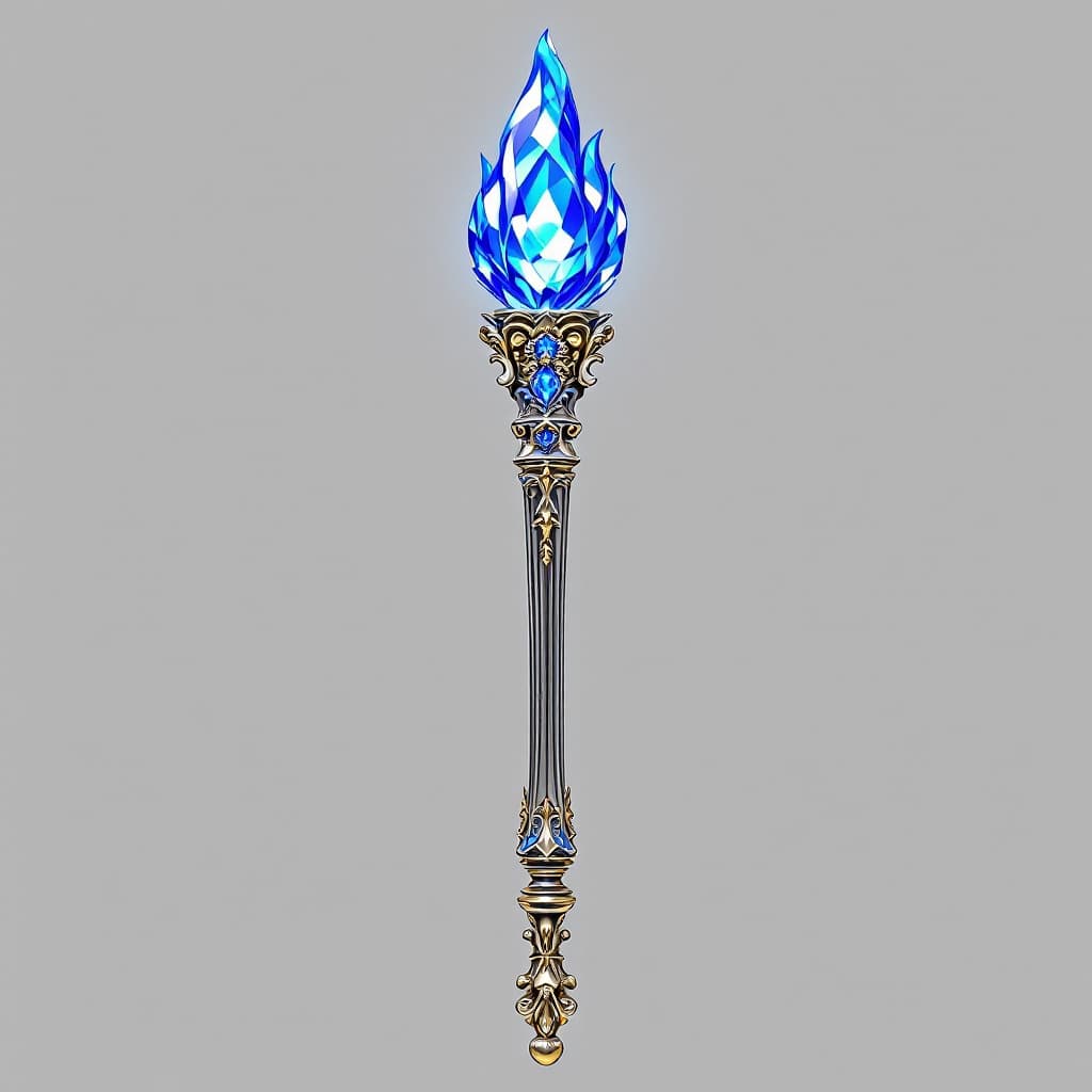 AI generated: Medium-short length, smooth, photo-realistic, royal, silver scepter, rounded bottom and top, multifa...