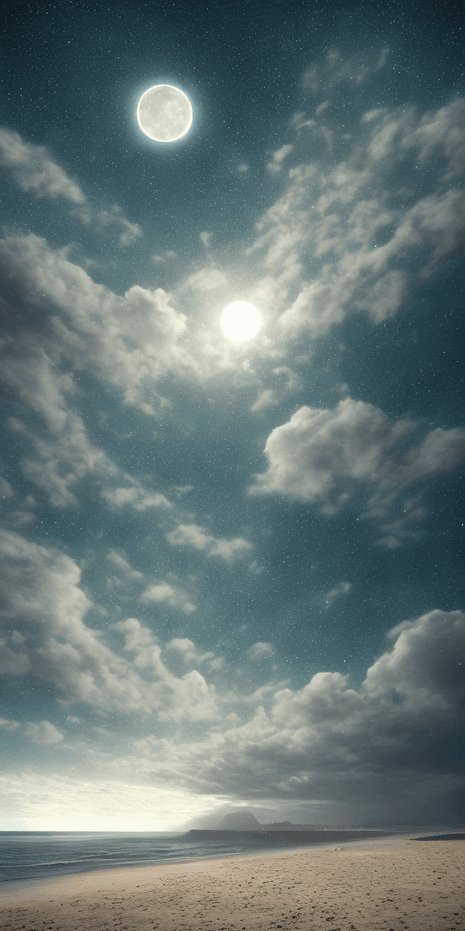 AI generated: At night sky, the beach is covered with blue and green fluorescence, the huge moon, elf light, stars...