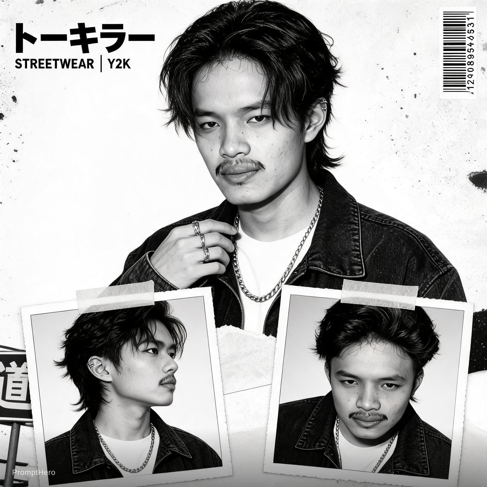 AI generated: Buat poster kolase editorial streetwear Jepang bergaya Y2K yang bold dengan estetika majalah fashion...