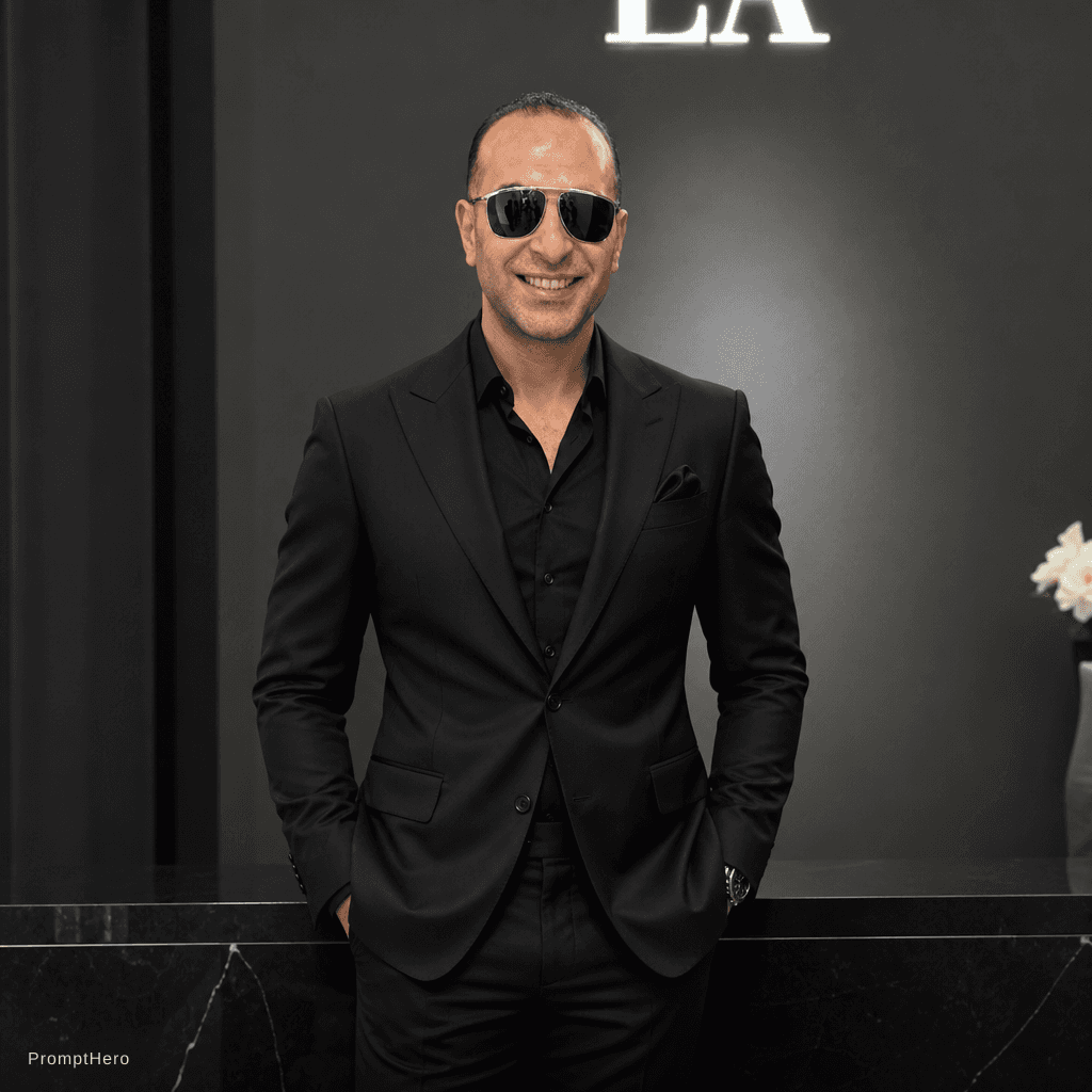 AI generated: Black italian bespoke suit with black undershirt 