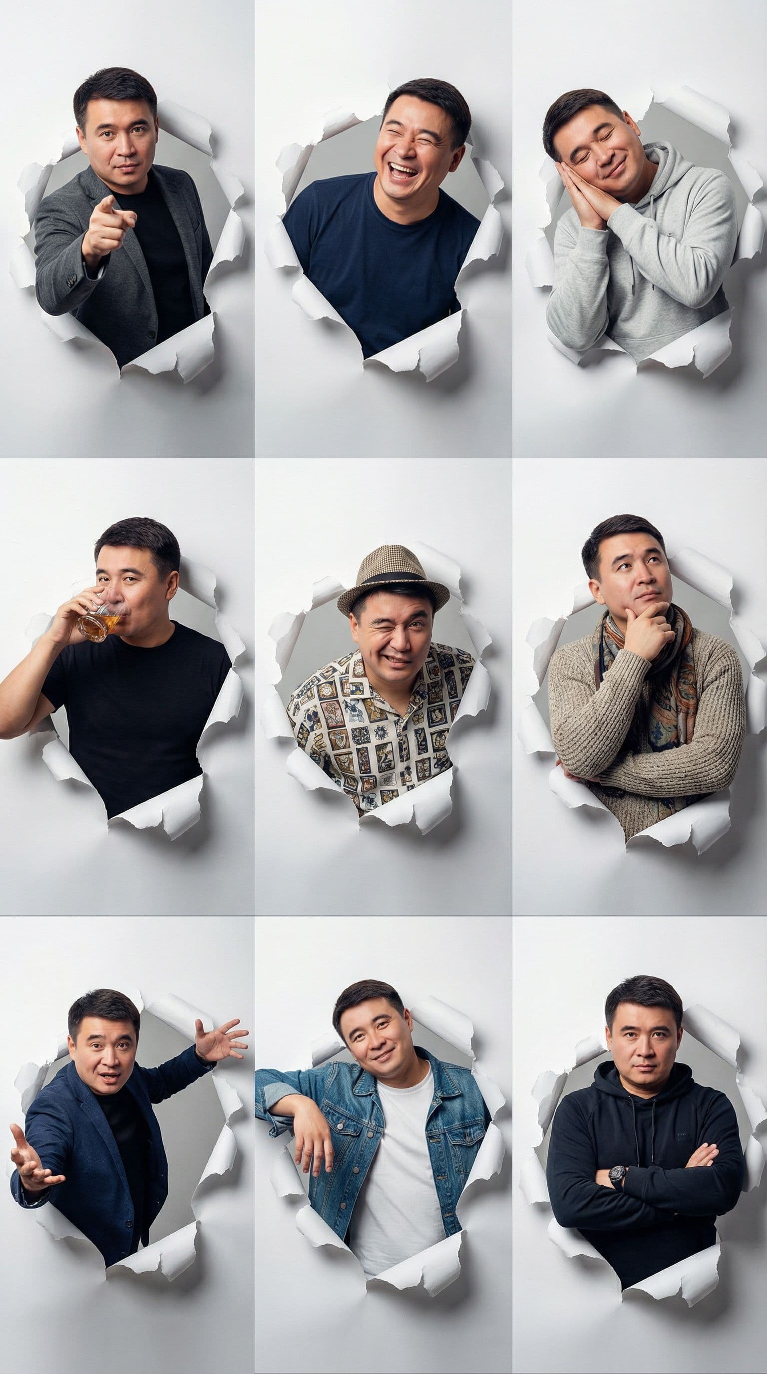 AI generated: Generate a hyper-realistic, 9:16 studio-style collage featuring an adult man  (facial match to the u...