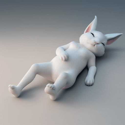 AI generated:  in the middle of the picture, a white rabbit, looks simple and harmless, lying on its side,curled u...