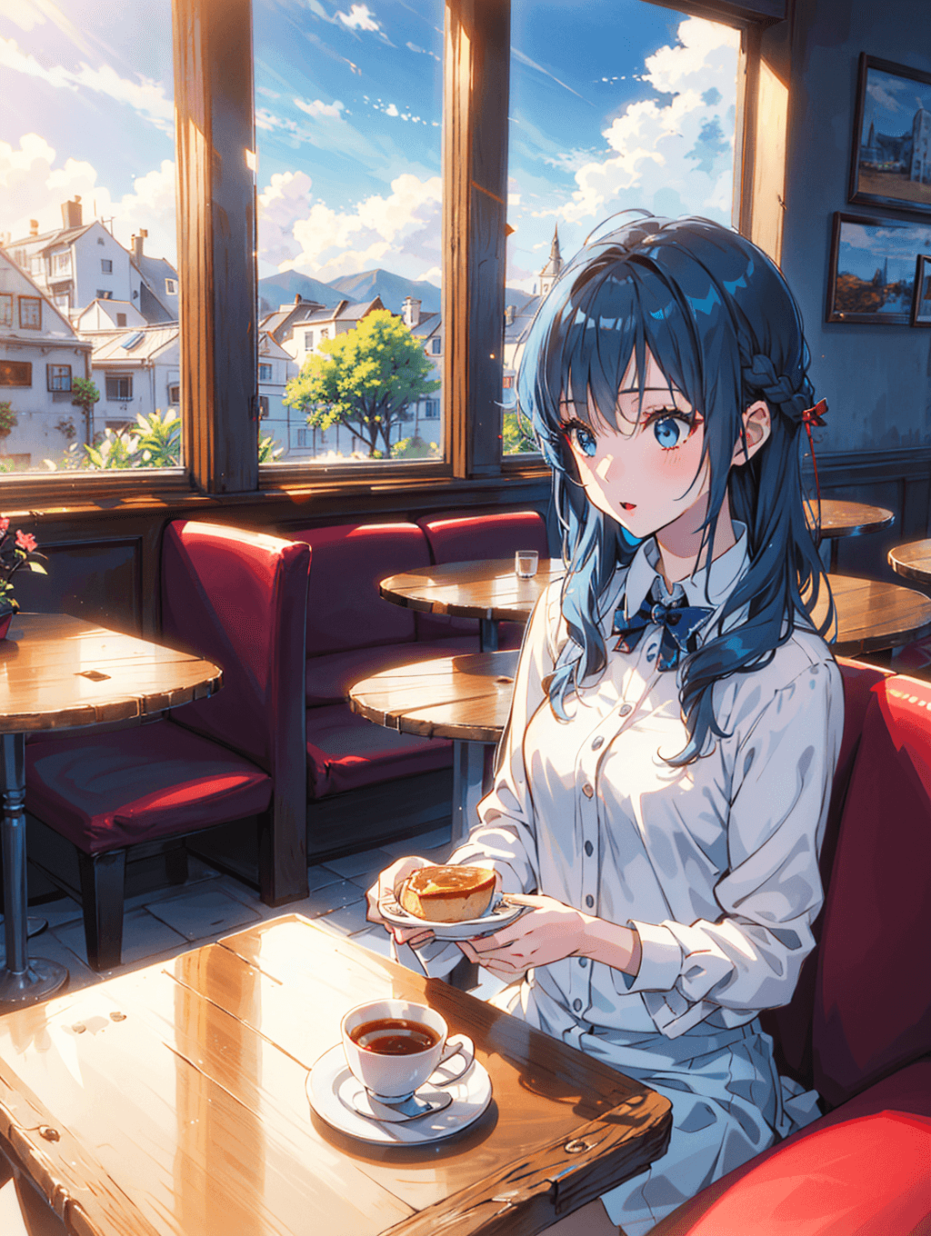 AI generated: 1girl,solo,long hair,(blue hair:1.3),blue eyes,(((JK))),blue sky,cafe \(cafe-chan to break time\),sh...