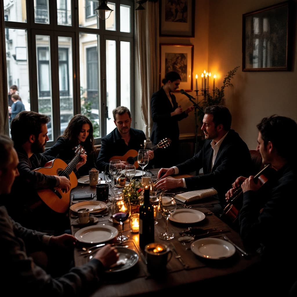 AI generated: A fado dinner in Lisbon with a group of people for a company retreat. A fado singer is performing wi...