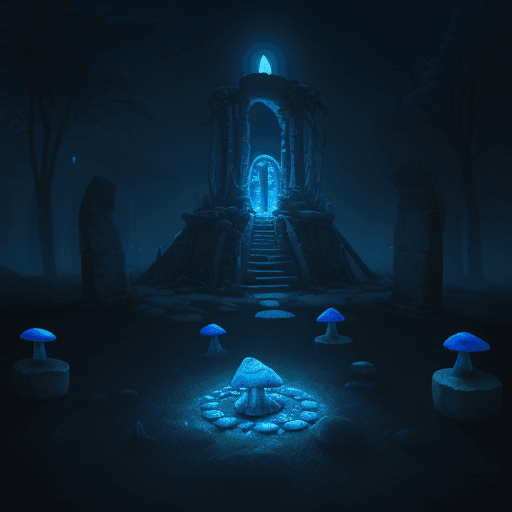 AI generated: Ruins with ancient runes glowing in blue, blue moon in the sky, night shot, blue mushrooms on the gr...