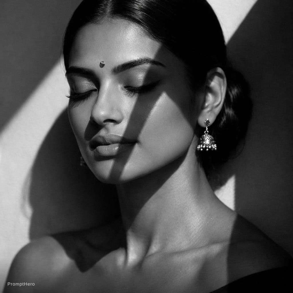 AI generated: a black and white photo of a woman of indian origin with shadow., in the style of minimalist beauty,...