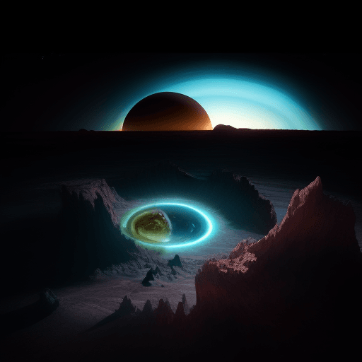 AI generated: A dramatic landscape on an exoplanet with a breathtaking view of a ringed gas giant in the sky. The ...