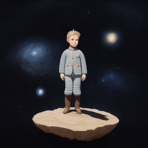 AI generated: the little prince standing on small planet in starry sky, by saint exupery, crocheted style
