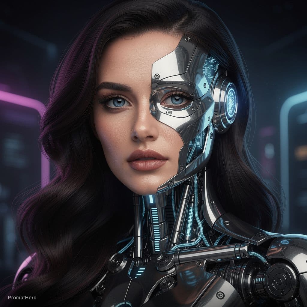 AI generated: Uma mulher metade humana e metade robô com o rosto da megan fox