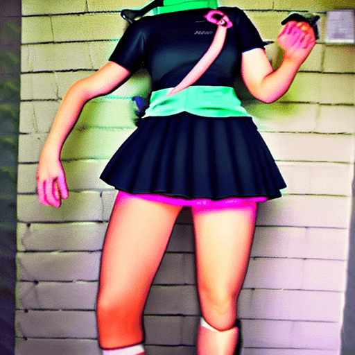 AI generated: pink hair up green below Short skirt demon slayer style anime like extra breats