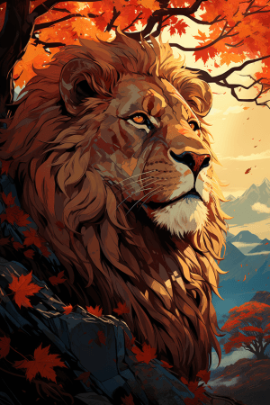 AI generated: A majestic lion with golden fur and glistening ruby scales detailed with intertwining vines in the s...