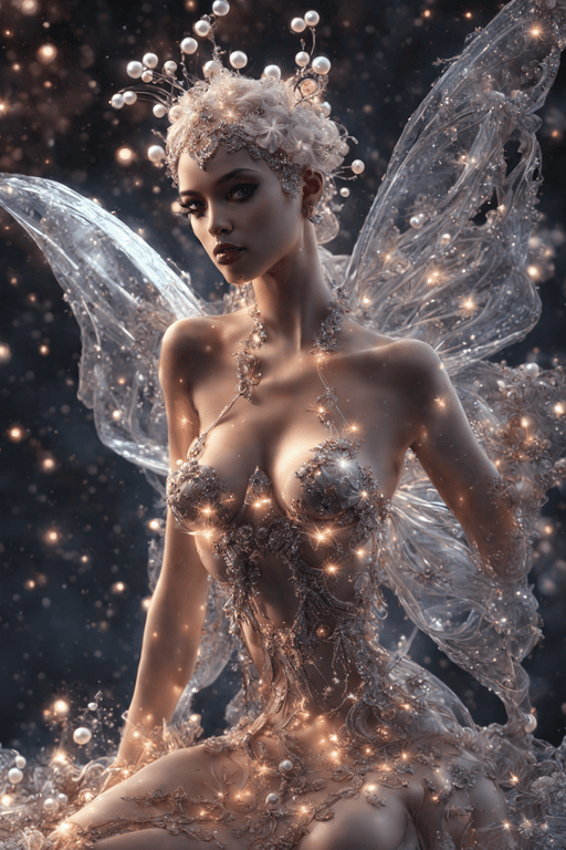 AI generated:  erotic fairy,glitter and glimmer Transparent clothes, pearls,jewely Accessoires, shiny, glow,epic,e...
