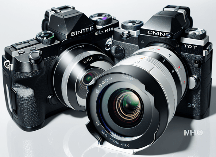 AI generated: Two slim digital cameras, both same camera, both 3/4 views, first camera shows lens side, second cam...