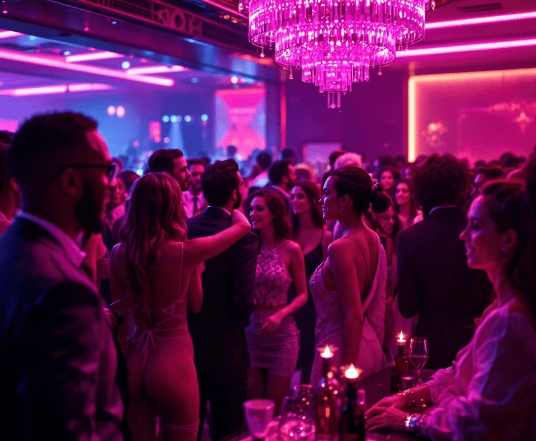 AI generated: Hyper-realistic photo of a fancy nightclub, featuring a diverse crowd of men and women interacting w...