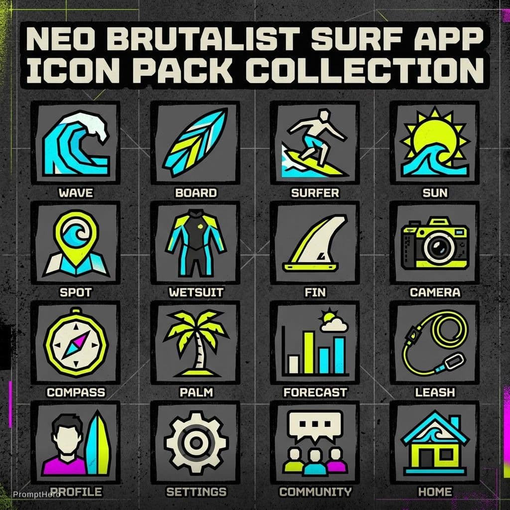 AI generated: Neo brutalist surf-themed icon pack for in a neo-brutalis