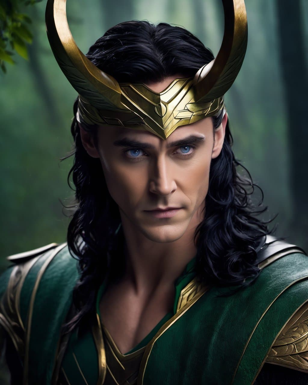 AI generated: Norse god Loki , (sly expression:1. 2) on his face, (Rugged:1. 1) , Handsome, very detailed eyes, Vi...