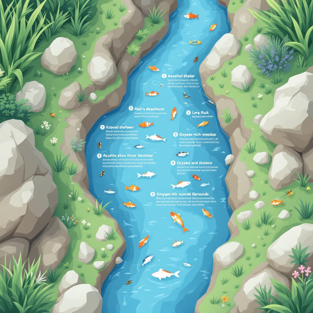 AI generated: Infographic-style flat design illustration showing a natural river with positive ecological effects ...