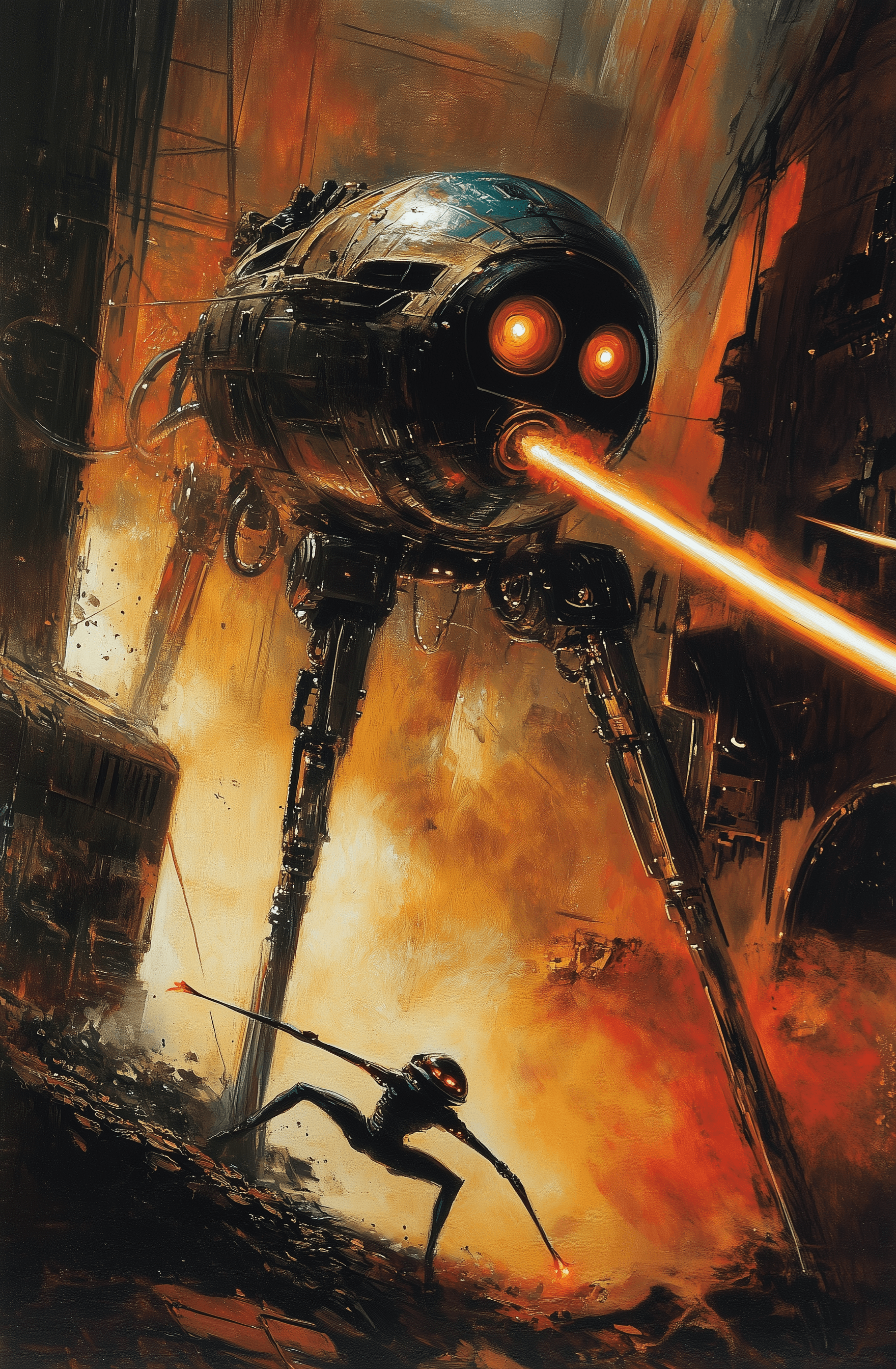 AI generated: A robot is shooting laser beams from its eyes at an alien being pulled on the floor with his legs, i...