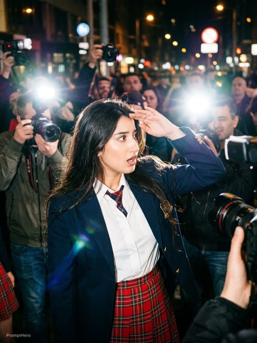 AI generated: Paparazzi-style extreme close-up photo of a woman with striking facial features, caught off-guard wh...