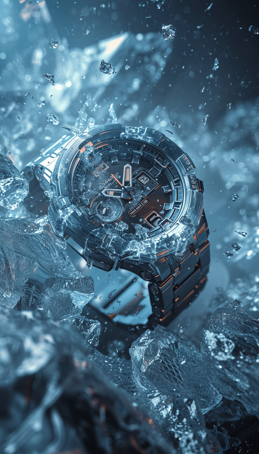 AI generated: picture solide sport G-shock watch falling on ice piece of ice flying around it photorealistic detai...