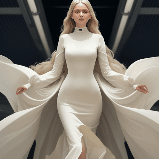 AI generated: The image is a full-length portrait of a woman in a flowing cream dress. The dress features a high n...