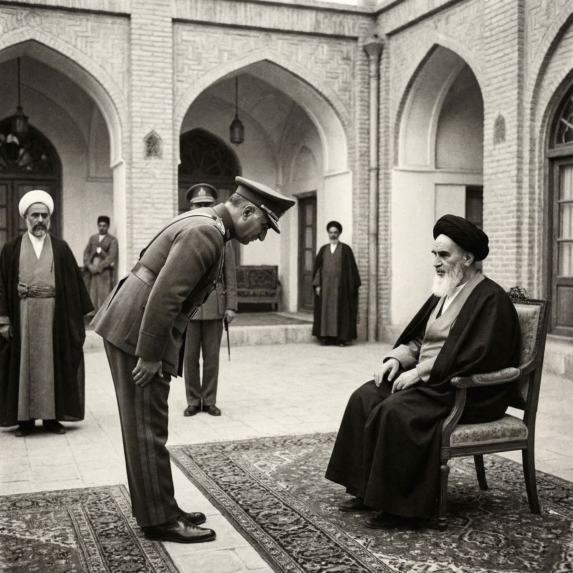 AI generated: رضا شاه در حال تعظیم امام خمینی ره