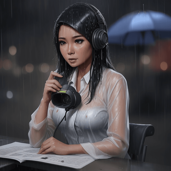 AI generated: a female TV newsreader, beautiful, Indonesian, caught in the rain and her clothes soaked, is sitting...