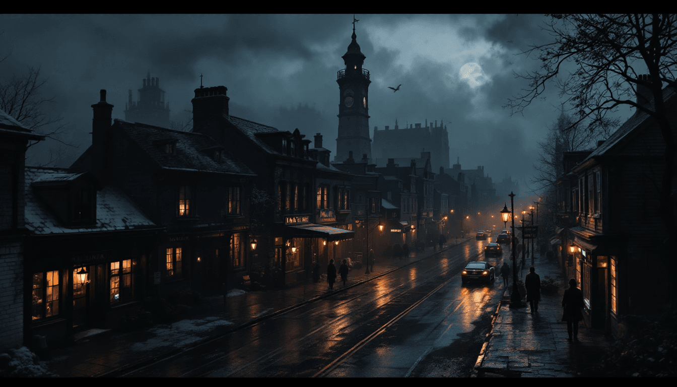 AI generated: Shadow over Innsmouth townscape, eerie atmosphere, a couple of Innsmouth inhabitants on the sidewalk...