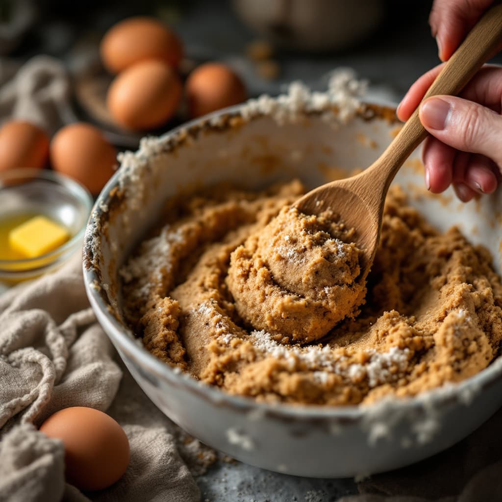 AI generated: Prompt: A close-up of hands mixing cookie dough in a rustic kitchen setting. The dough consists of w...