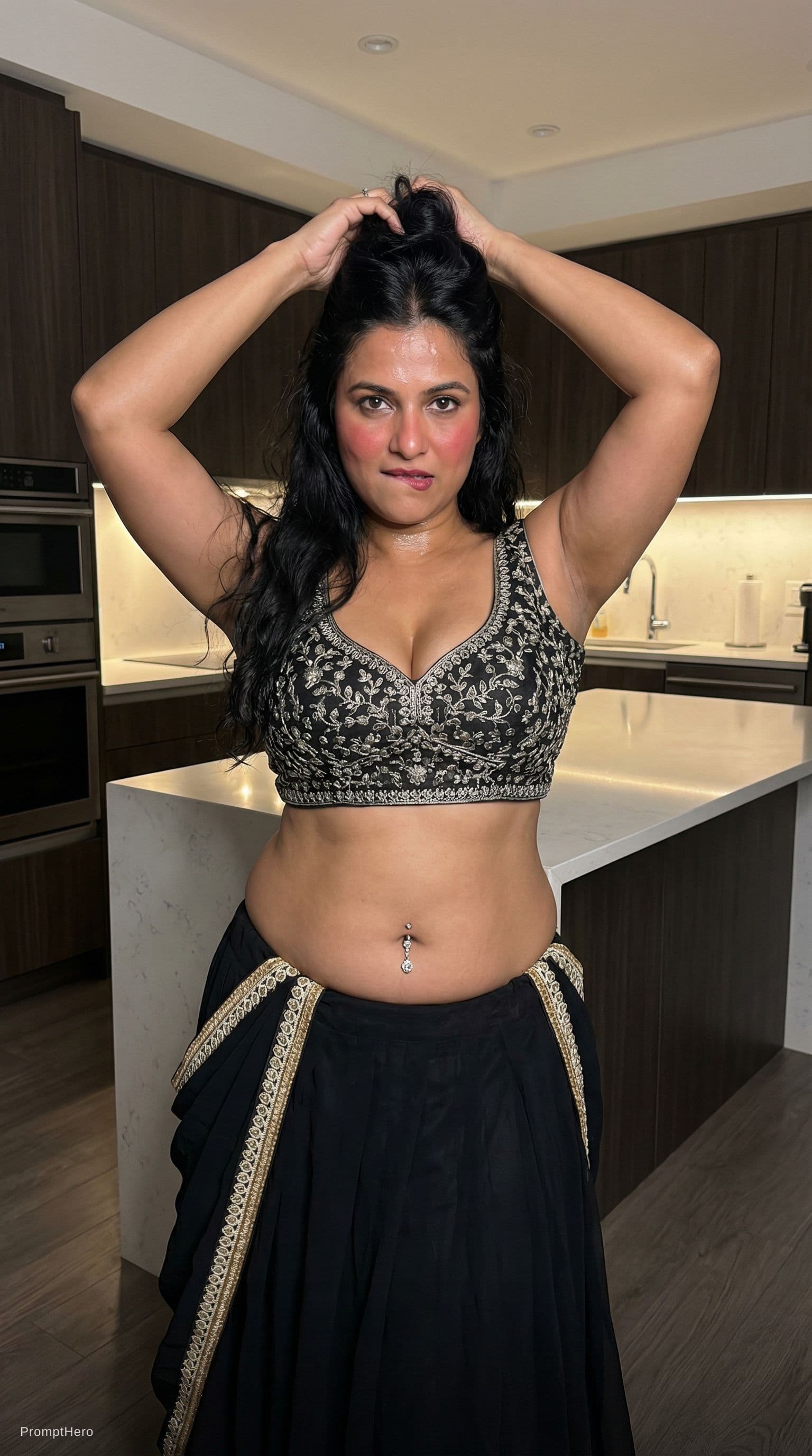 AI generated: Use the Indian little chubby 40 age women in image, full body view from head to toe, no cropping wha...