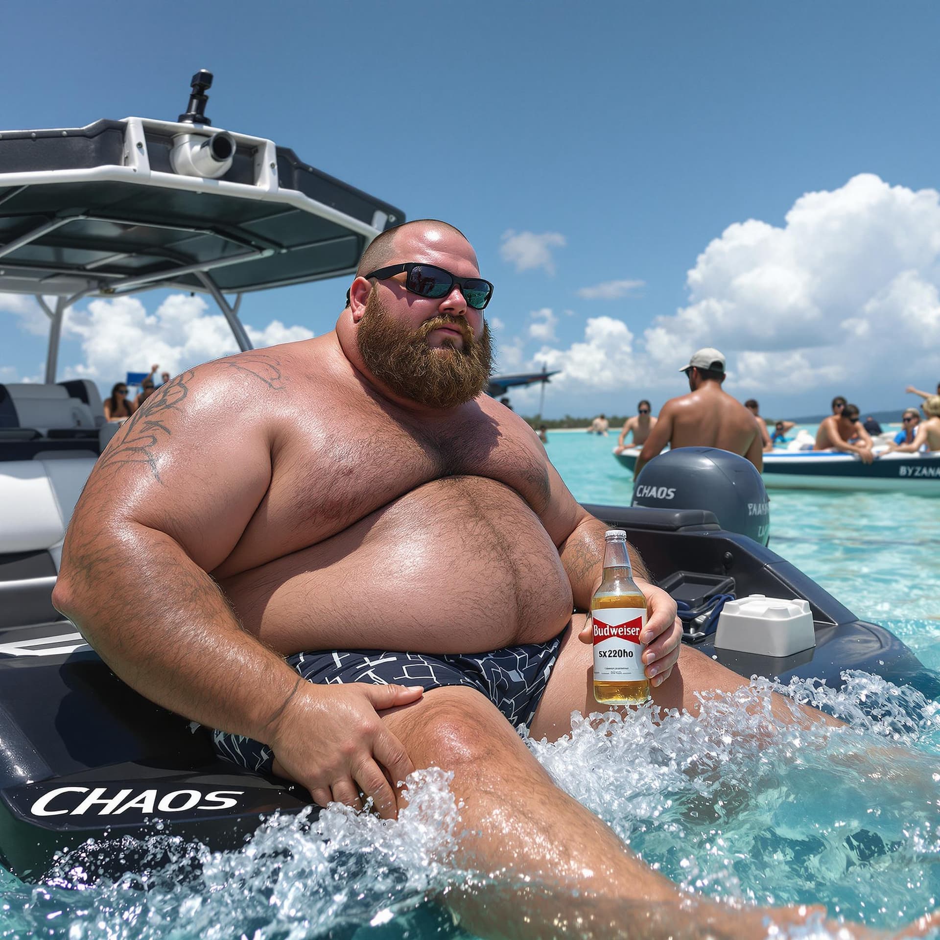 AI generated: Fat shirtless hairy guy, sitting on the back of a Yamaha sx230ho, black in color, Budweiser beer in ...