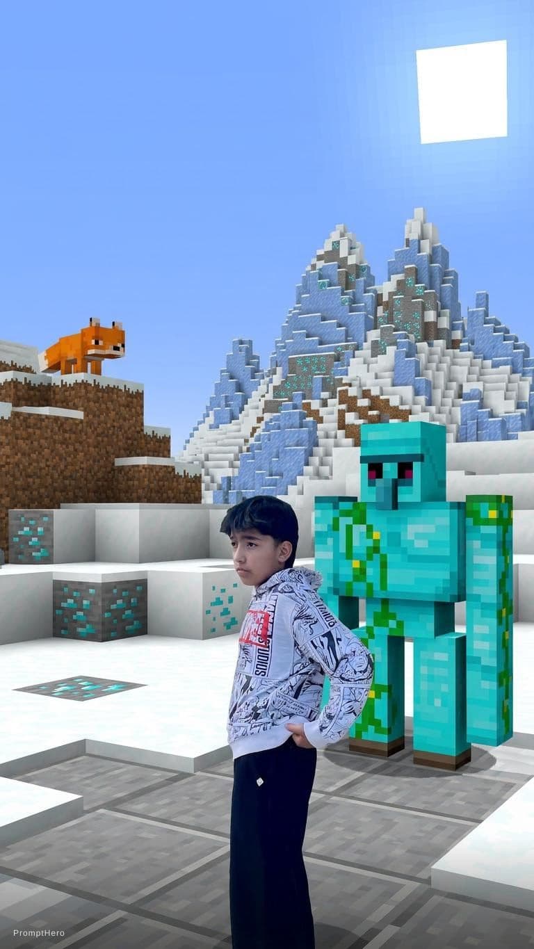 AI generated: minecraft landscape, diamond golem, snow and diamond mountains, minecraft cubicles, minecraft style,...