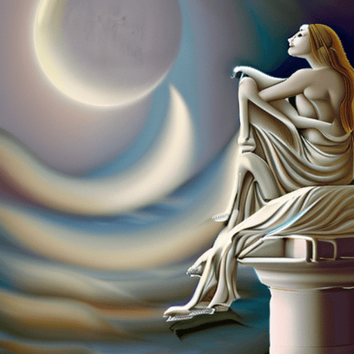 AI generated: A serene night scene with a woman beautiful angel, attractive, all tattooed, athletic, sitting atop ...