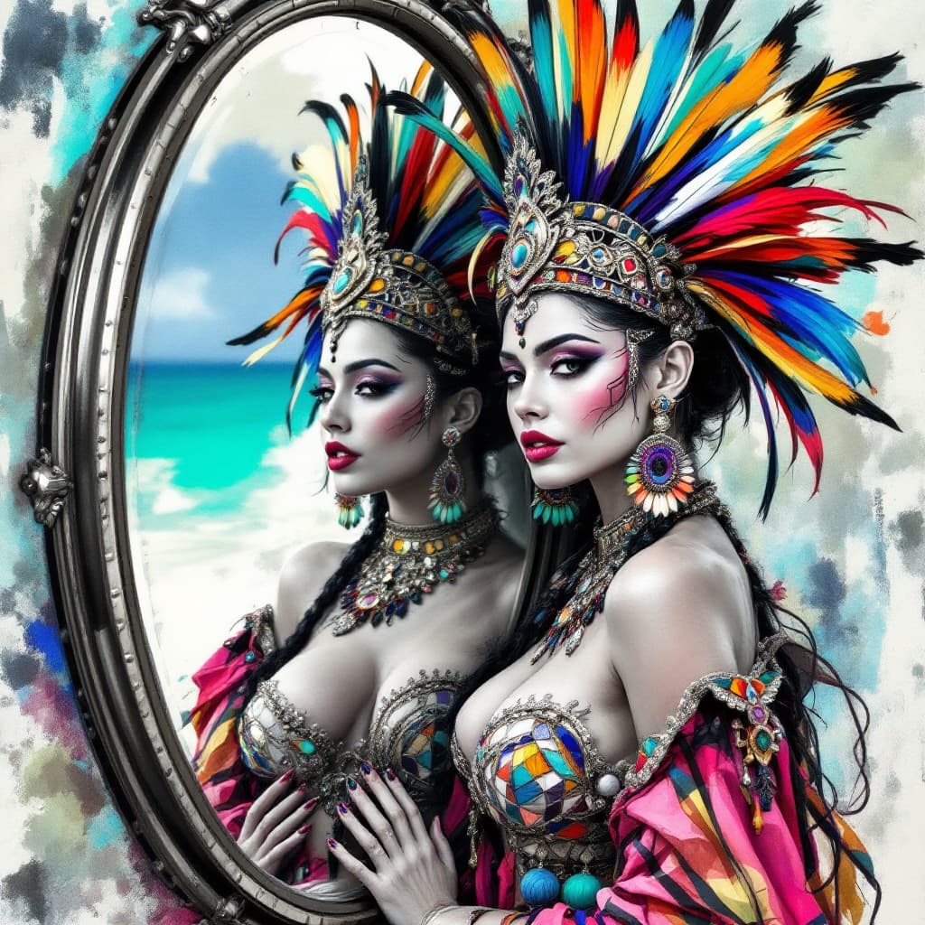 AI generated: transform a black and white, Ink painting . on one side of the mirror is a beautiful but plain dress...