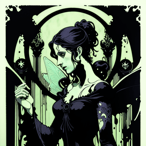 AI generated: neo classical, art nouveau, a beautiful fairy, screen printing, matte, aquatint print, by (hatch sho...