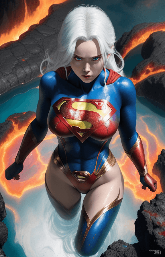 AI generated: top view photography of gorgeous metawoman Superman costume detail, white hair and red eyes, emergin...