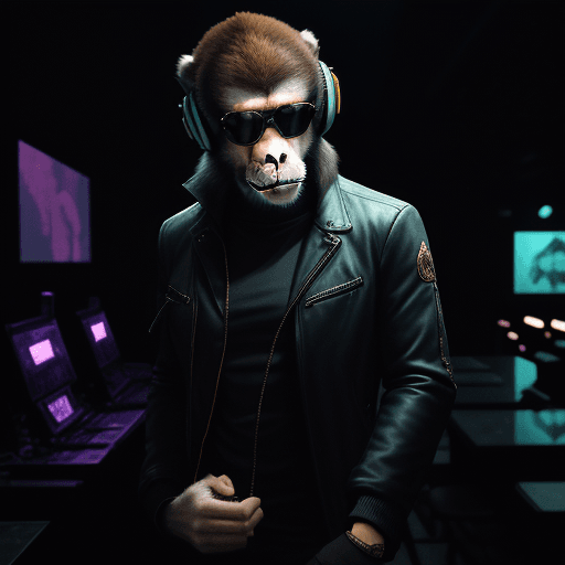 AI generated: action packed, The image features a (monkey wearing a tosca jacket:1.3), a black shirt, and a pair o...