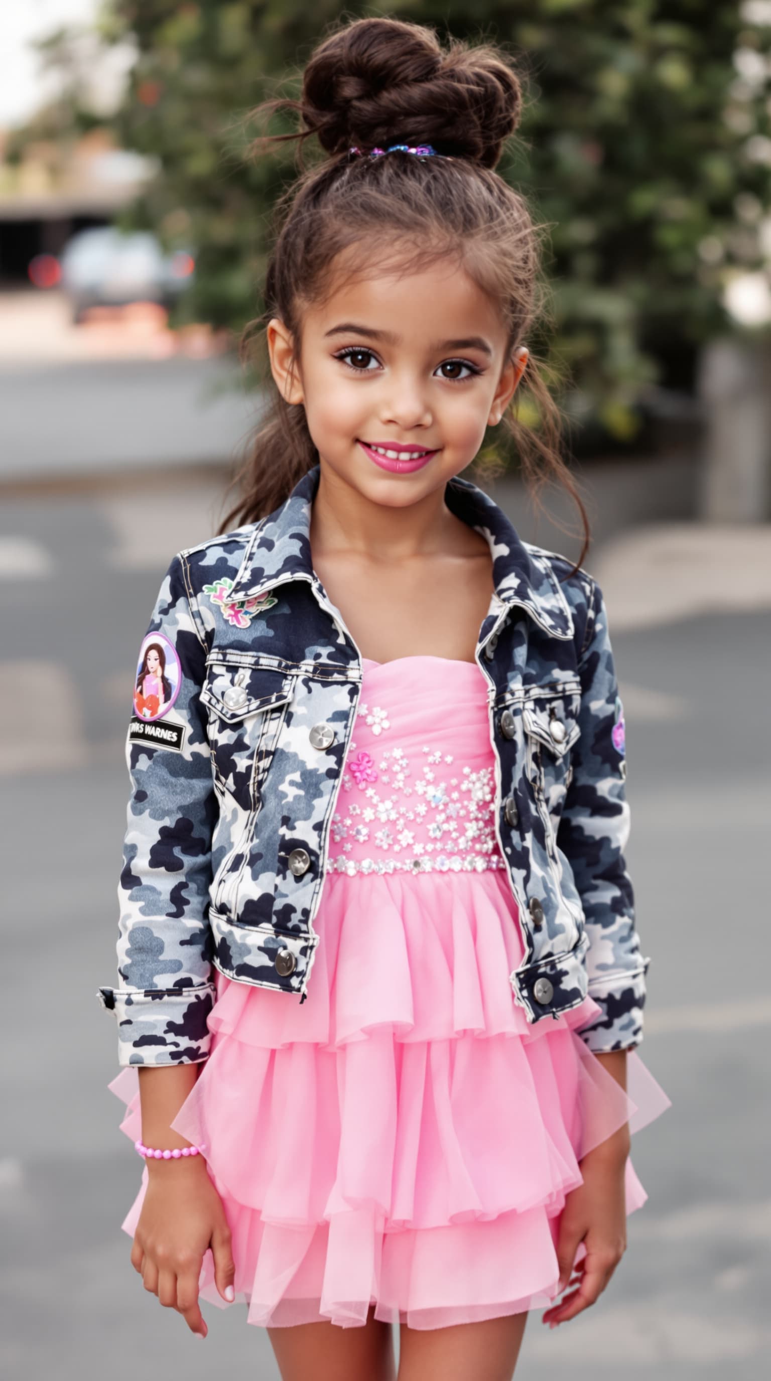 AI generated: A tween girl wearing,crop top Jacket and  Girls Barbie Strapless Tiered Tulle Mini Dress Pink






...