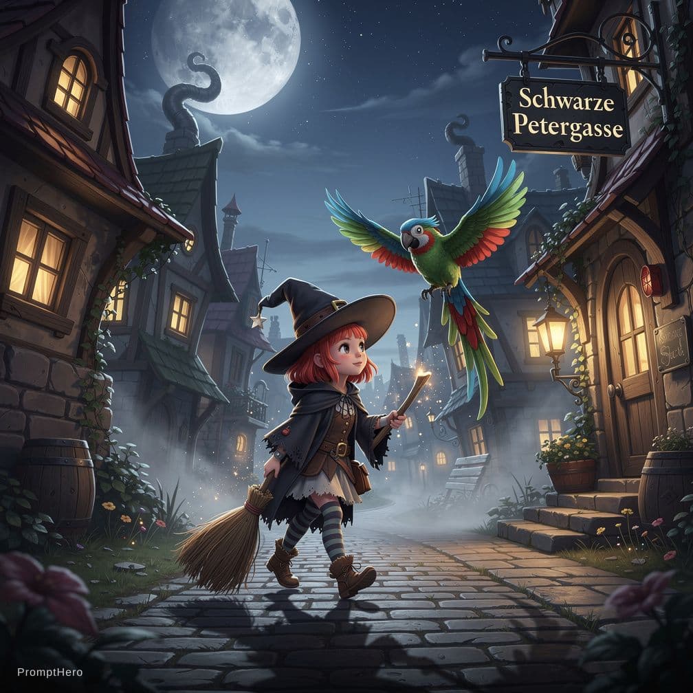 AI generated: A little red-haired witch wearing a witchhat and holding a broom stick in her left hand is walking a...
