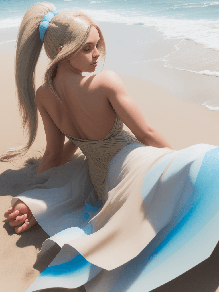 AI generated: a woman with pony tale hair laying on beach, anamorphic lens flare, close up, jagged edges, light be...