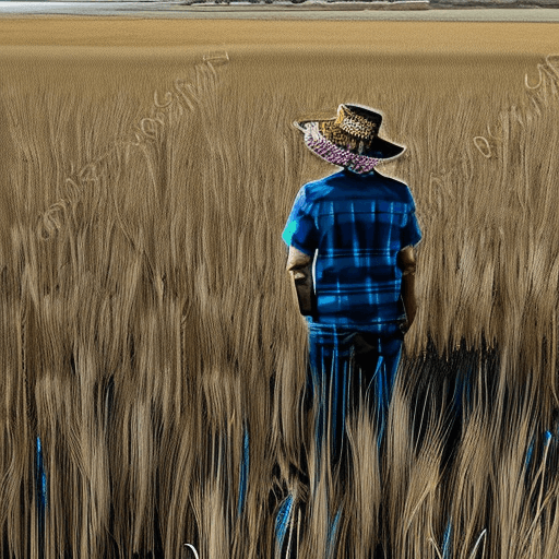 AI generated: Wheat field, a farmer uncle with a straw hat standing in a wheat field, big clouds, blue sky, rice f...